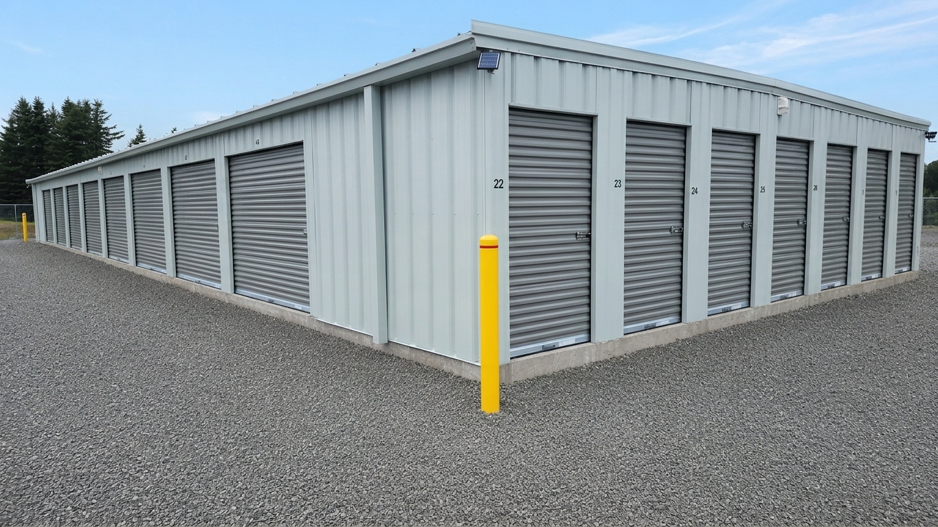 Close-up view of numbered drive-up storage units at the Boylston facility